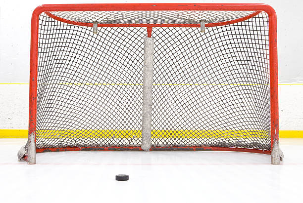 Hockey Puck Near Goal Net  ice hockey net stock pictures, royalty-free photos & images