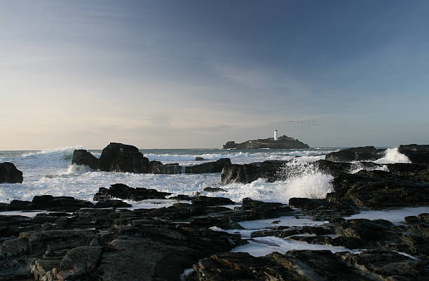 godrevy 등대 도서지역 북 해안 콘웰 - cornwall england st ives horizon over water coastal feature 뉴스 사진 이미지