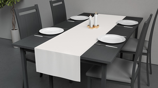 Blank white table runner and dishes mockup crop, interior background, 3d rendering. Empty dining room with tablecloth, dishes, cutlery mock up, half-turned view. Clear fabric napkin overlay template.