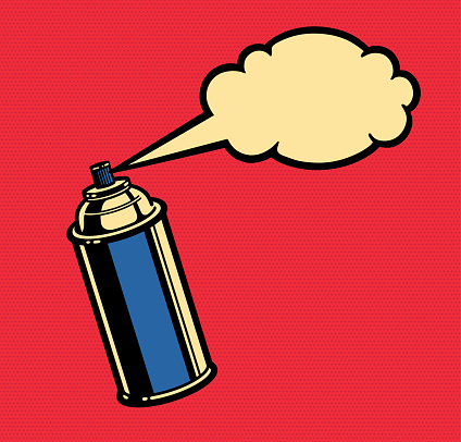 Cartoon aerosol can spraying comic book speech bubble