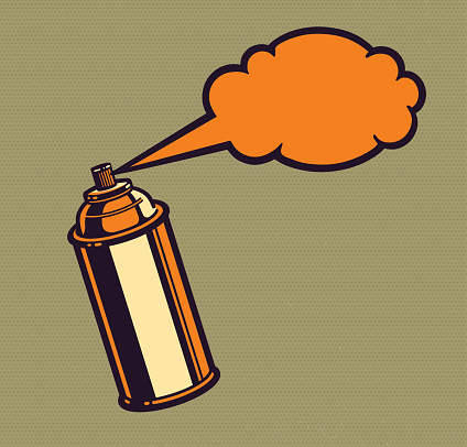 Cartoon aerosol can spraying comic book speech bubble