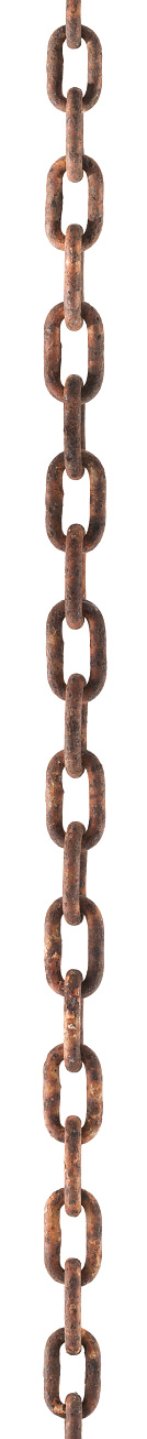 A close up of a length of rusty chain, isolated on white.