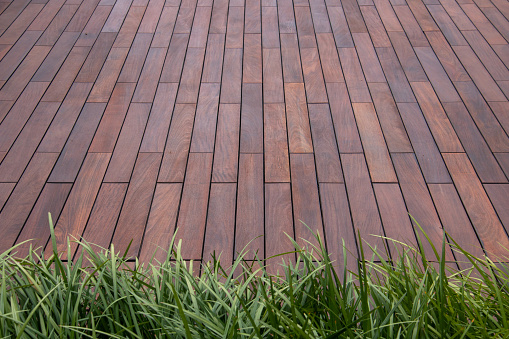 Wood brown decking beautiful ipe texture and evergreen ornamental grass background