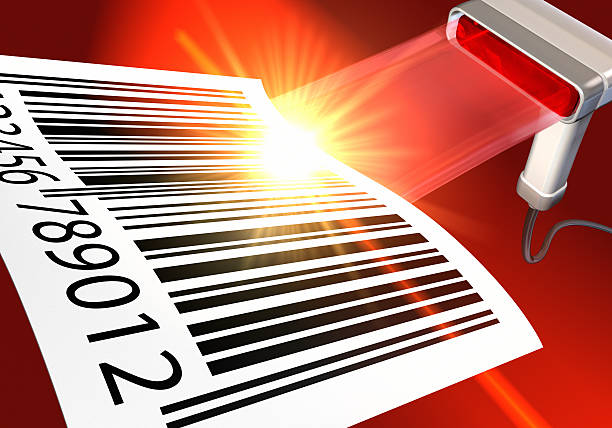 Illustration of barcode scanner with a large barcode on red Laser scan on barcode. laser pen stock pictures, royalty-free photos & images