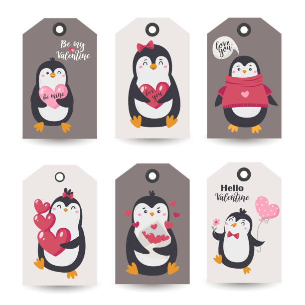 illustrazioni stock, clip art, cartoni animati e icone di tendenza di raccolta di tag con pinguini di san valentino e auguri di feste. - fairy penguin