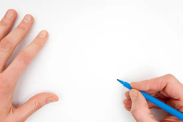 Caucasian hands drawing on a white blank sheet of paper. The right hand is holding a blue felt tip pen.Similar image: