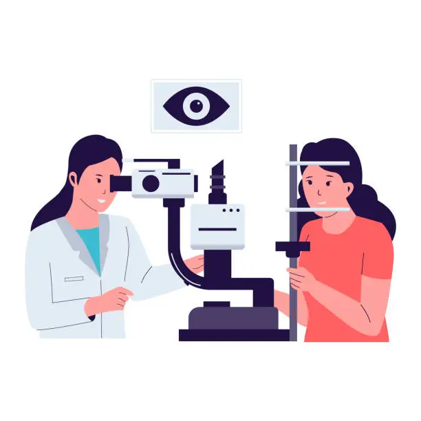 Vector illustration of Ophthalmologist checking eyesight of his patient using eye test machine