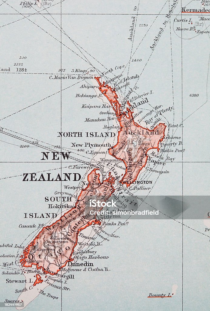 New Zealand Map Close-up of a map of New Zealand from 1920. Map Stock Photo