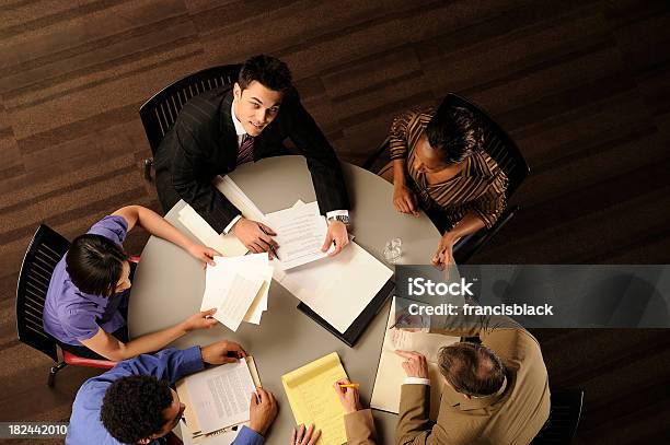 Five People Meeting Stock Photo - Download Image Now - Business Meeting, Aerial View, 30-39 Years