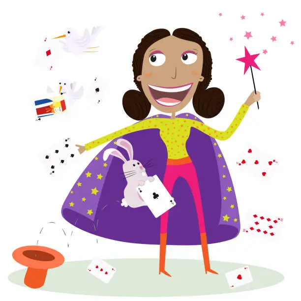 Vector illustration of A circus funny girl magician playing with card, doves and rabbit.