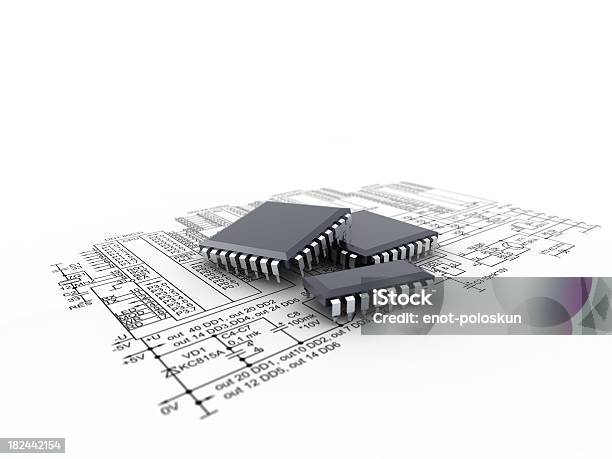 La Electrónica Foto de stock y más banco de imágenes de Tablero de circuitos - Tablero de circuitos, Fondo blanco, Tridimensional