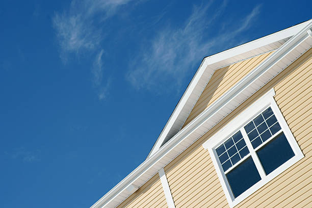 Detail of a newly built home, featuring the windows, siding and roof.
