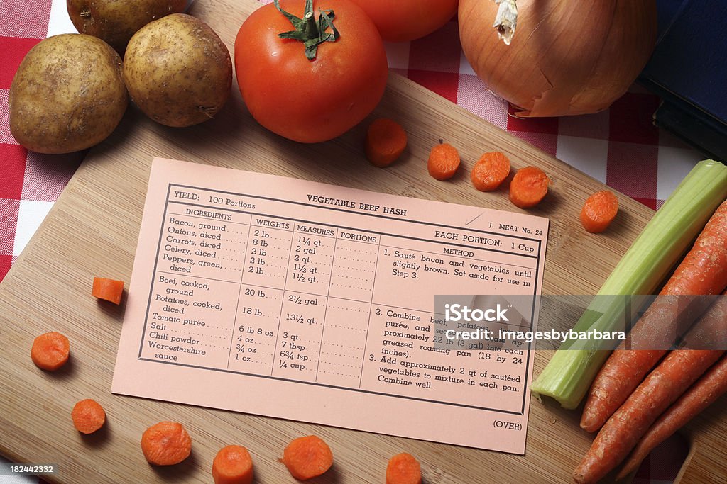 Recipe Recipe still life with vegetables and recipe card. Book Stock Photo