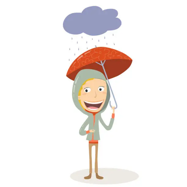 Vector illustration of Blond girl with an umbrella and yellow raincoat raining outside.