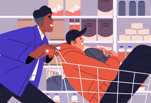Happy guy pushes shopping cart with fellow inside. Friends riding on trolley in grocery store. People spend time together, fooling, rejoice. Friendship moments, fun leisure. Flat vector illustration.