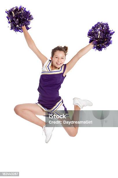 Skokowy Cheerleaderka - zdjęcia stockowe i więcej obrazów Cheerleaderka - Cheerleaderka, Neutralne tło, Młody dorosły