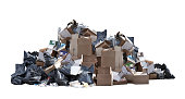 Heap of black garbage bags, cardboard boxes and other trash