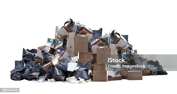 Heap Of Black Garbage Bags Cardboard Boxes And Other Trash Stock Photo - Download Image Now