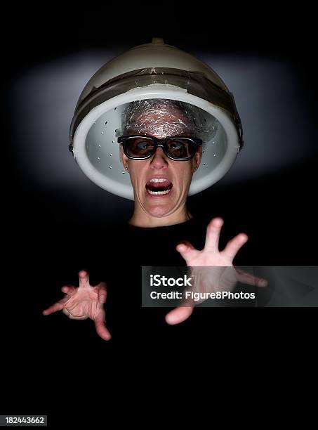 Crazy Hair Dryer Lady Stock Photo - Download Image Now - Bizarre, Black Background, Color Image