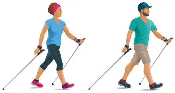 Vector illustration of Nordic Walking Man and Woman