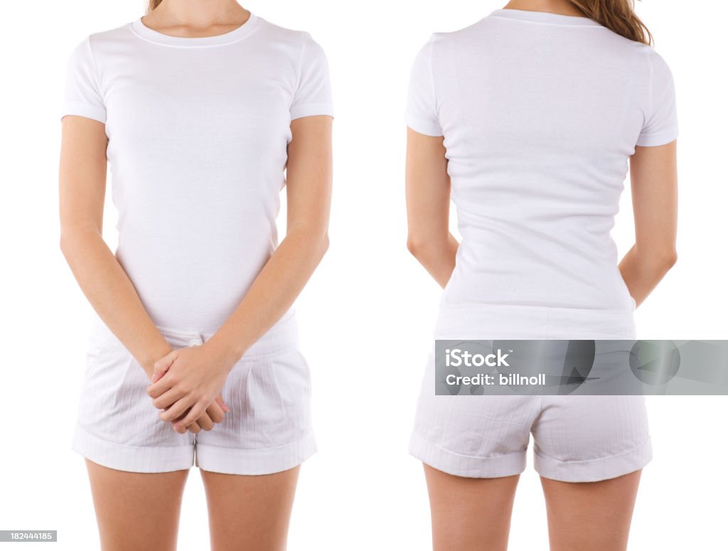 Vista frontal y trasero de mujer usando todos blanco - Foto de stock de Blanco - Color libre de derechos