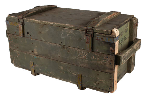 istock Army ammunition wooden crate. Text in russian - type of ammunition, projectile caliber, projectile type, number of pieces and weight. 1824445506