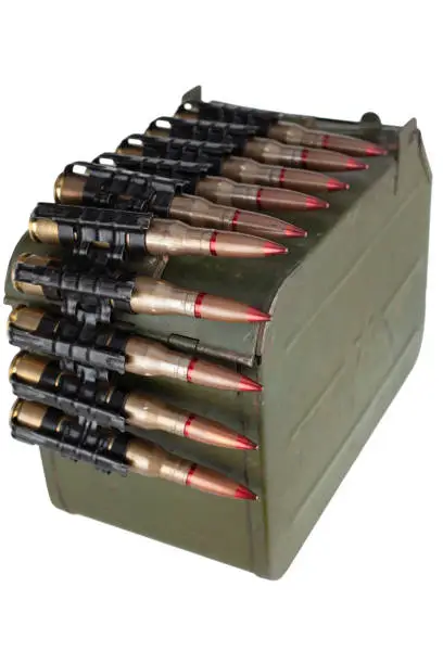 Ammo box with ammunition belt and .50 caliber (12.7mm) cartridges for heavy machine gun isolated on white background.