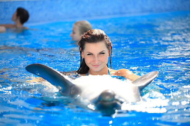 istock woman swims with a dolphin 182445929