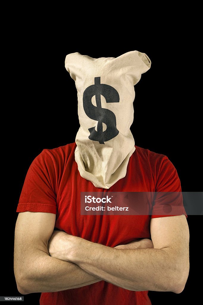 money sack head man with arms folded and a money sack on his head Adult Stock Photo