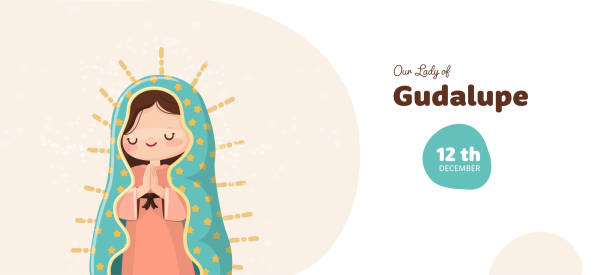 Our Lady of Guadalupe feast day banner. Kawaii vector illustration Our Lady of Guadalupe feast day banner. Kawaii vector illustration virgen de guadalupe stock illustrations