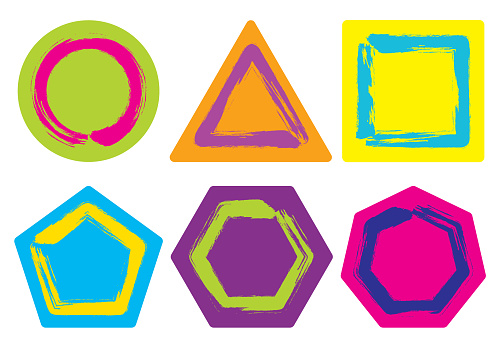 Vector Illustration Of Triangle, Circle, Square, Pentagon, Hexagon Shapes Drawn With Dry Brush. Design Elements In Doodle Style.