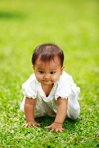istock lovely baby crawling on the grass 182447176