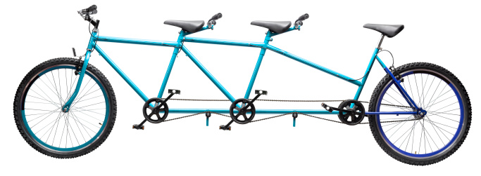 triple tandem blue bicycle over white background