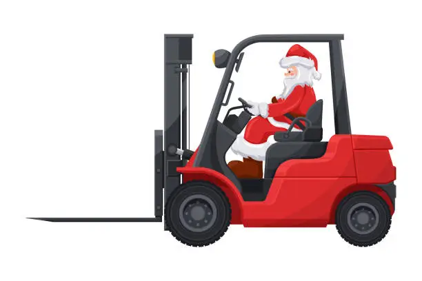 Vector illustration of Santa Claus driving a red forklift. Safety when handling lift truck. Christmas campaign for cargo logistics and shipping of high demand merchandise for the Christmas season