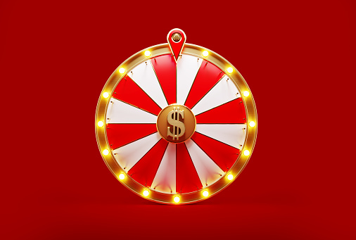 Wheel of fortune on red background. Horizontal composition with copy space. Front view.