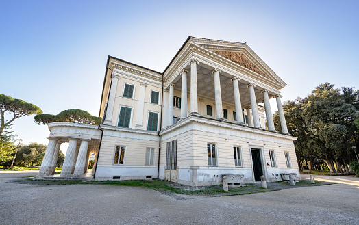 Rome, Italy - November 29, 2023: Construction of this neoclassical villa designed by Giuseppe Valadier for the Torlonia family started 1806. Benito Mussolini lived in the villa from the 1920s to 1943. The area with several buildings has been a public park since 1978.