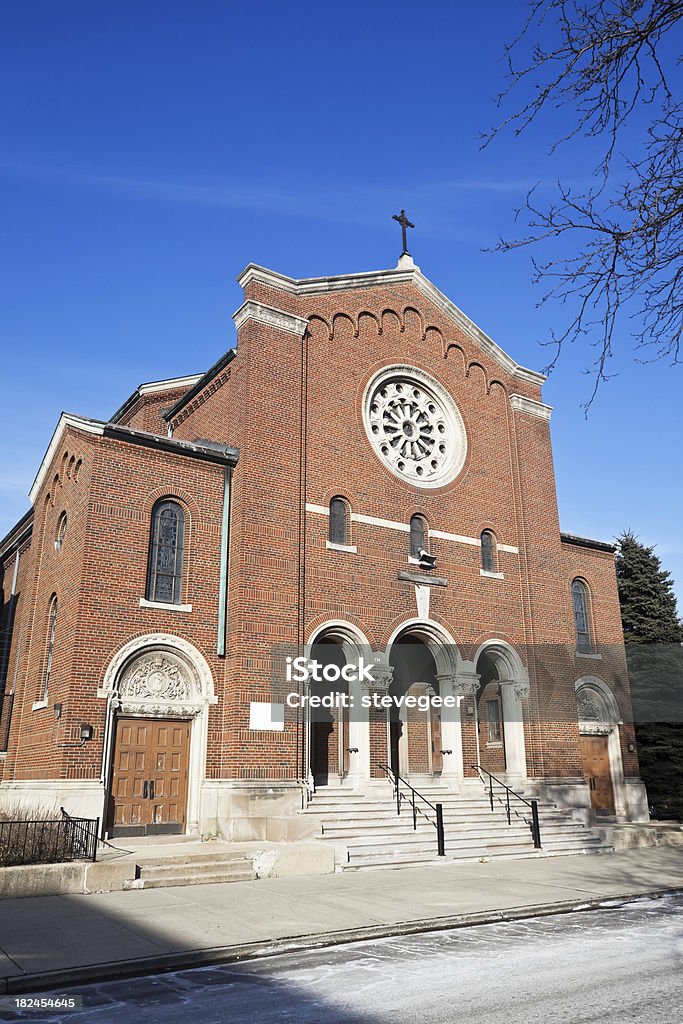 Romanesque Church in a West Side Chicago Neighborhood  Architectural Feature Stock Photo