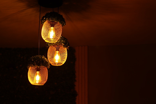 Three or trio of Pineapple shaped Hanging pendant garden lights illuminated by three filament led bulbs in darkness