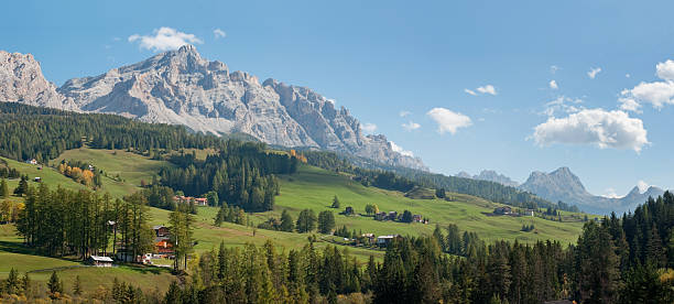 Lush Green Valley and Dolomite Mountain Peaks stock photo
