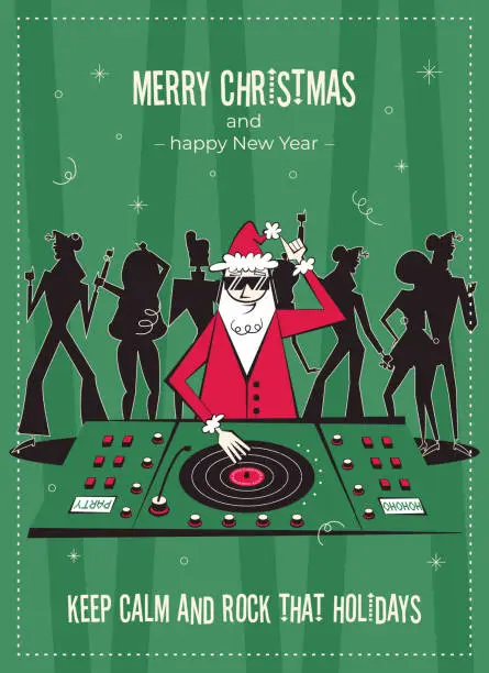 Vector illustration of Merry Christmas and happy New Year greeting card in trendy 60s-70s retro style.