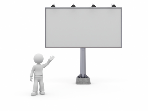 3D character pointing blank billboard. Isolated on white background with soft shadows. XXXL 3D rendered image.