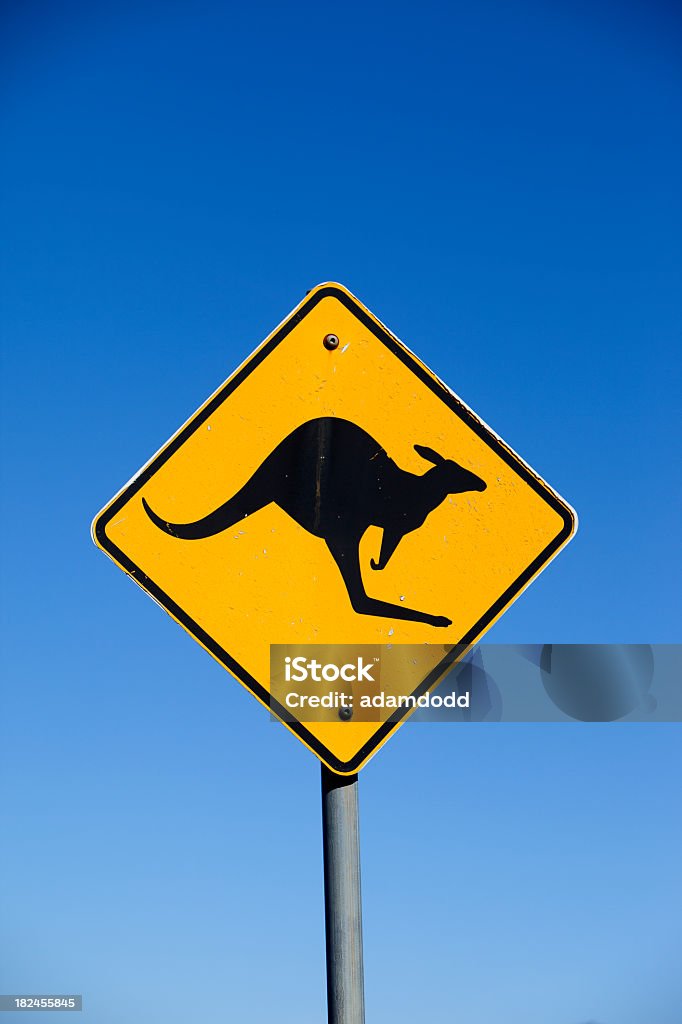 Diamantförmig gelbe Känguru-Schild auf klaren, blauen Himmel - Lizenzfrei Anleitung - Konzepte Stock-Foto