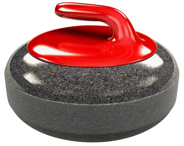 Photo of Curling rock with red handle isolated on white
