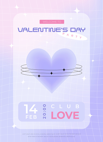 Modern y2k design Valentine's Day party invitation, poster. Trendy pastel soft color vector illustration with heart, abstract shapes, stars, gradient and typography.