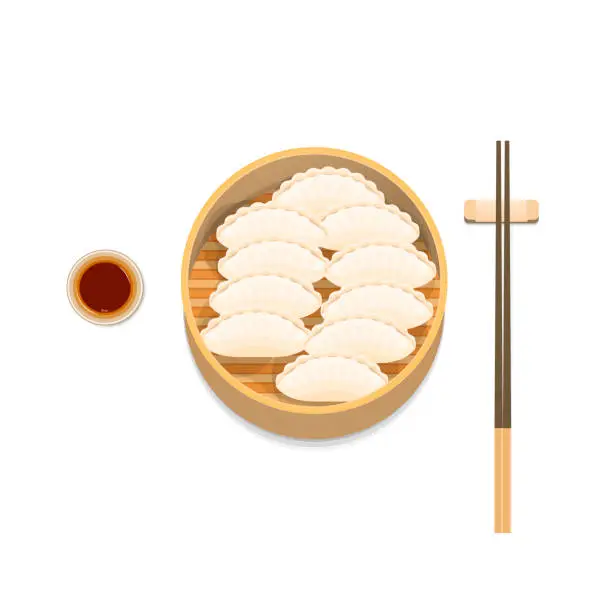 Vector illustration of Chinese jiaozi steamed dumplings in flat detailed style. Isolated vector asian food chinese gyoza illustrations