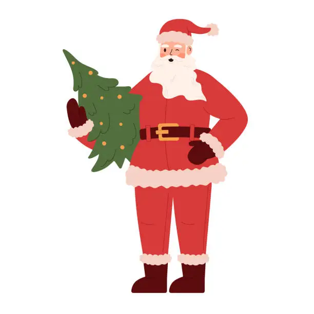 Vector illustration of Santa Claus is holding a Christmas tree in his hands. Santa in a hat with a beard.Christmas character isolated on a white background.