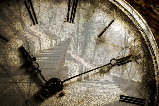 Double exposure of antique pocket watch and architecture, time concept