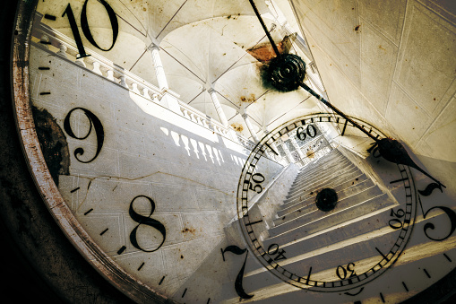 Double exposure of antique pocket watch and architecture, time concept