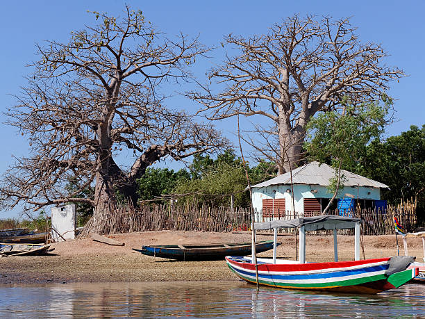 african lodge at a lake shore stock photo