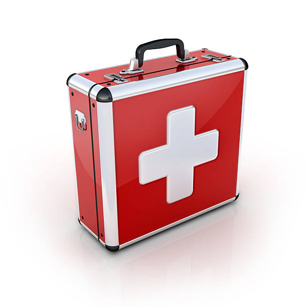 red first aid suitcase "disasters fund raising, care package, travel insurance, fist aid and medicine concepts.. 3D rendered" doctors bag stock pictures, royalty-free photos & images